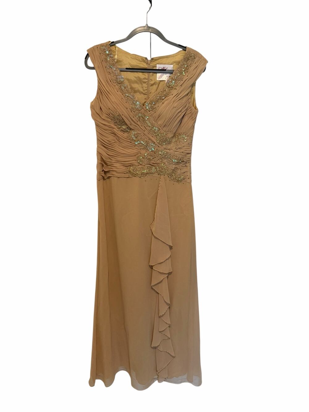 Milano Women's Large Tawny Formal Sleeveless Ruched Detail V-Neck Long Dress